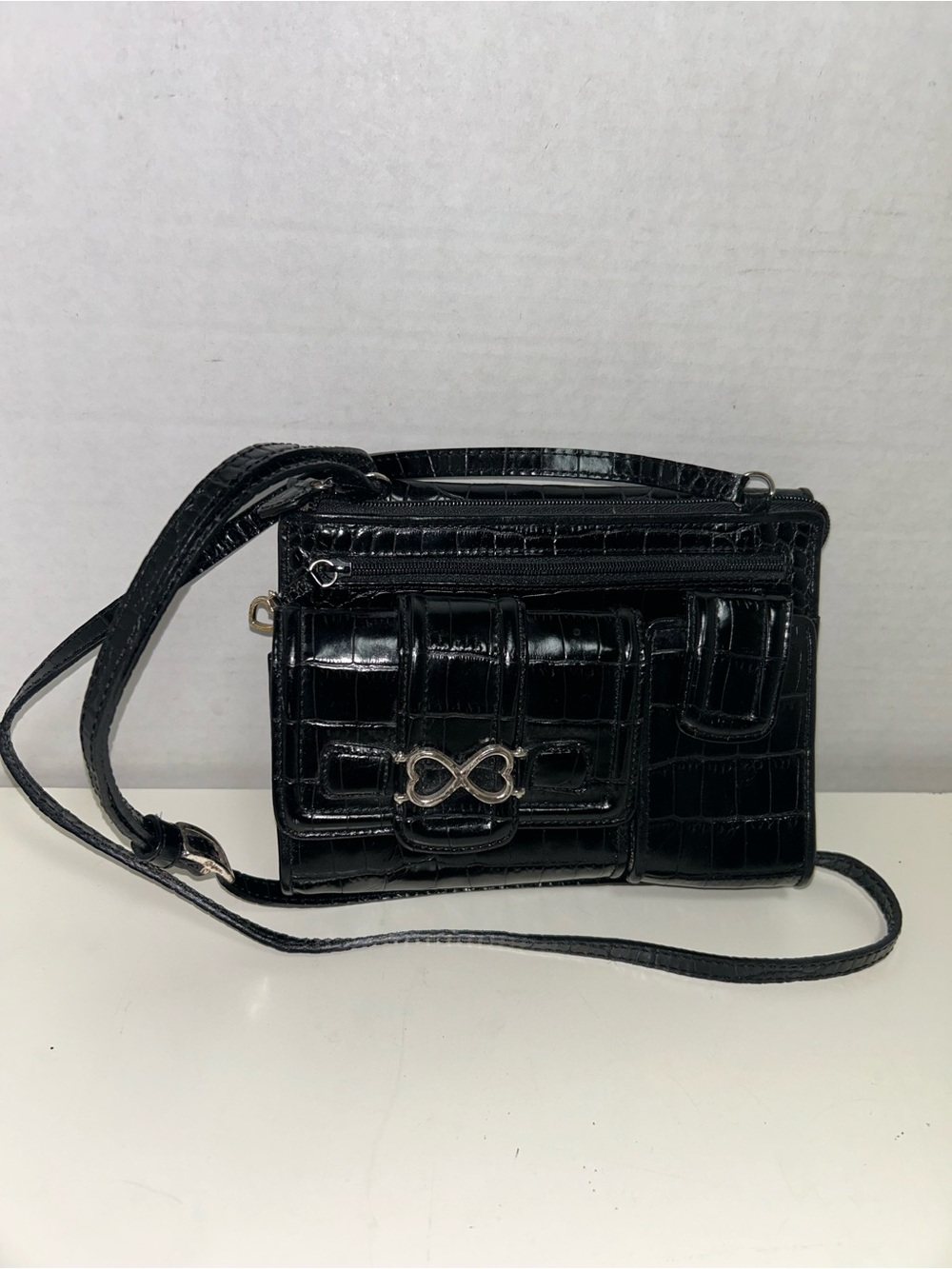 Vintage Brighton Black Croc Embossed Leather Crossbody Shoulder Bag Organizer
